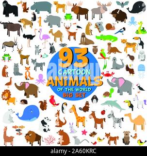 Big set of 93 cute cartoon animals of the world. Vector illustration isolated on white. Icon set. Stock Vector