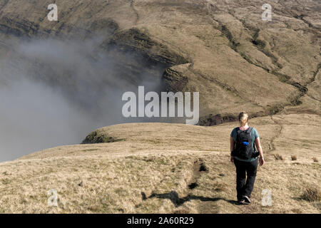 UK, Wales, Brecon Beacons, Young woman hiking at Bannau Sir Gaer Ridge Stock Photo