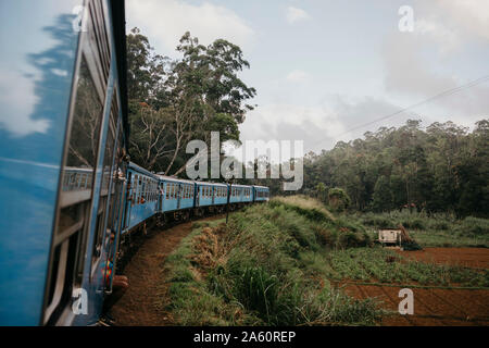 Train moving by agricultural field in Sri Lanka against sky Stock Photo