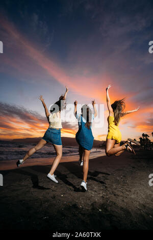 Rear view of three carefree female friends jumping on the beach at sunset Stock Photo