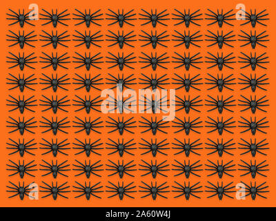 Black spiders on orange background. Halloween background Stock Photo