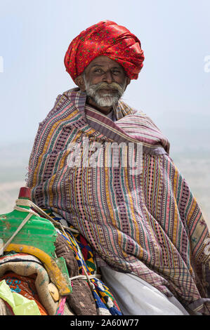 Man of the Dhebariya Rabari community in traditional cloth with a dromedary, Great Rann of Kutch Desert, Gujarat, India, Asia Stock Photo