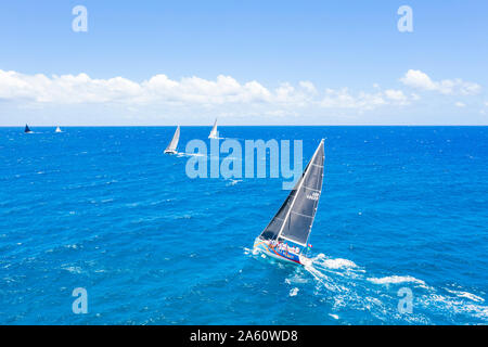 Aerial view by drone of sailing boats during a regatta, Antigua, Leeward Islands, West Indies, Caribbean, Central America Stock Photo