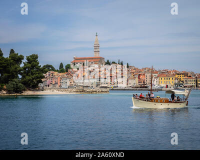 Excursion boat leaving harbour, Rovinj, Istria, Croatia, Europe Stock Photo