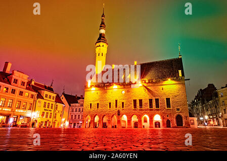 The city hall in the old town of Tallinn in Estonia at night Stock Photo