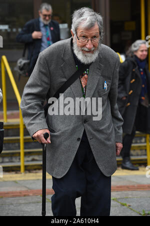 Extinction Rebellion activist John Lynes, 91, leaving Folkestone Magistrates' Court where he denied disobeying a police condition during a demonstration as Extinction Rebellion activists sought to blockade the Port of Dover.