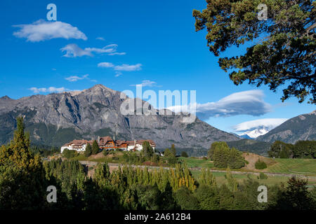 Llao Llao Hotel set against mountain backdrop, Bariloche, Patagonia, Argentina, South America Stock Photo