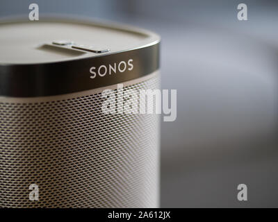 UK, October 2019: Sonos play black wireless speaker close up Stock Photo