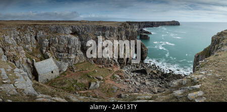 Panorama of St Govan's Chapel, and cliffs, Stackpole, Pembrokeshire ...