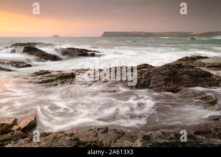 Sunset over the Rumps on the North Cornish Coast, Cornwall, England, United Kingdom, Europe Stock Photo