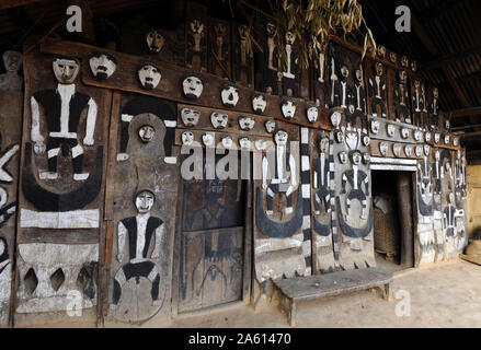Traditional Naga village house front, decorated with tribal head-hunting icons, Mao Maram, Manipur, India, Asia Stock Photo