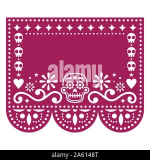 Papel Picado template design with sugar skulls, Mexican paper cut out garland background perfect for Halloween and Day of the Dead Stock Vector