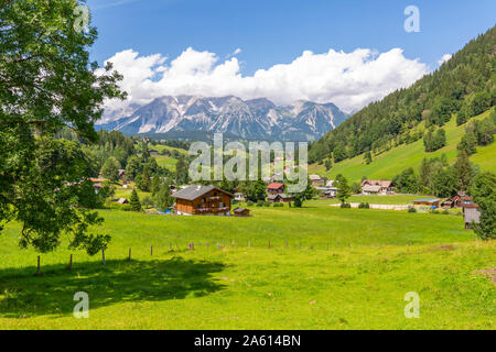 Panoramic view of mountains and meadows near Untertal, Schladming, Styria, Austrian Tyrol, Austria, Europe Stock Photo