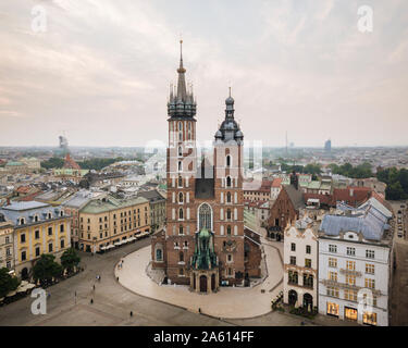 Aerial view of The Church of Saint Mary in Rynek Glowny (Market Square), UNESCO World Heritage Site, Krakow, Malopolskie, Poland, Europe Stock Photo