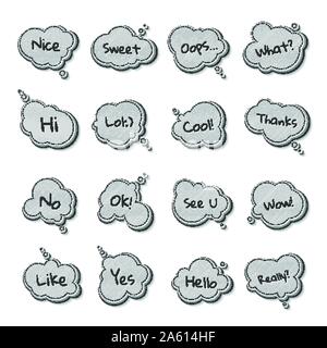 Set of templates speech bubbles with quotes. Denim cartoon stickers with stitches, short messages. Jeans stickers and patch badges in style of comics, Stock Vector