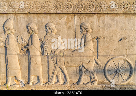 Apadana stairway facade, relief of the Achaemenids, Medes and Persians, Persepolis, UNESCO, Fars Province, Islamic Republic of Iran, Middle East Stock Photo