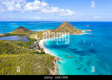 Aerial view by drone of Hermitage Bay and Pearns Point, Antigua, Antigua and Barbuda, Leeward Islands, West Indies, Caribbean, Central America Stock Photo