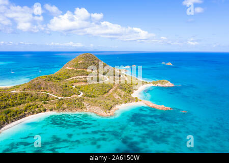 Aerial view by drone of Hermitage Bay and Pearns Point, Antigua, Antigua and Barbuda, Leeward Islands, West Indies, Caribbean, Central America Stock Photo