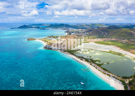 Aerial view by drone of Darkwood Beach and tropical lagoon, Antigua, Leeward Islands, West Indies, Caribbean, Central America