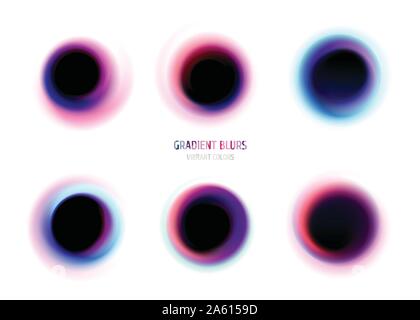 Set of trendy gradient blurs. Vivid liquid gradient shapes, chromatic blurs. Modern futuristic abstract design, bright colorful whirlpools. Stock Vector