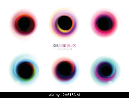 Set of trendy gradient blurs. Vivid liquid gradient shapes, chromatic blurs. Modern futuristic abstract design, bright colorful whirlpools. Stock Vector