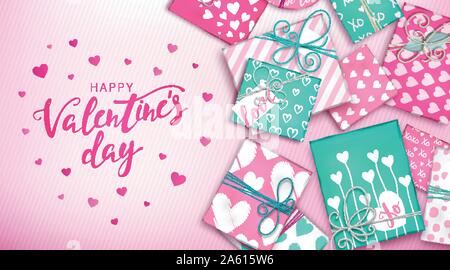 Happy Valentine's day banner with decoration. Pink and blue gift boxes in wrapping paper with hearts on pink background. Holiday greeting card, beauti Stock Vector