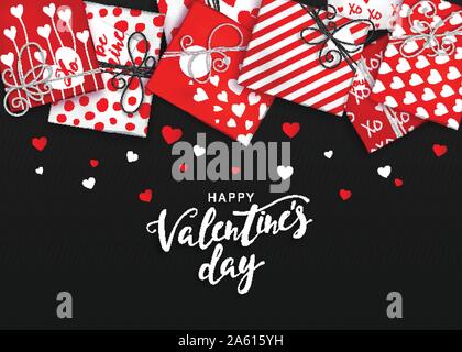 Saint Valentine's day. Red gift boxes in wrapping paper with hearts. Holiday poster with Presents box of cardboard tied with twine. Beautiful greeting Stock Vector