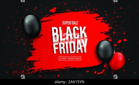 Black Friday Sale Poster. Seasonal discount banner with balloons and pink grunge frame on black background. Holiday design template for advertising sh Stock Vector