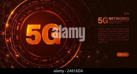 5G new wireless internet wifi connection. Fifth innovative generation of the global high speed Internet broadband network. Big data binary code flow n Stock Vector