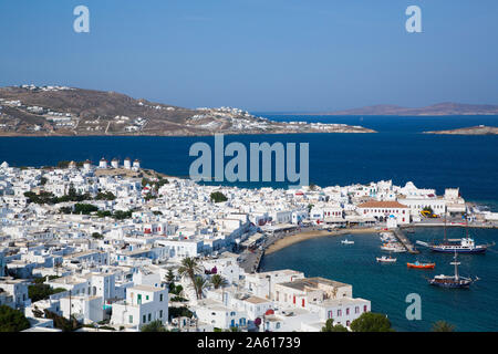 Mykonos Town and Harbor, Mykonos Island, Cyclades Group, Greek Islands, Greece, Europe Stock Photo