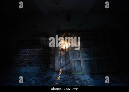 spooky dark abandoned room with leaf littered floor, brick wall and light from above, good for a background image for a horror themed composite. Stock Photo