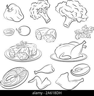 Set of Food Pictograms, Fried Chicken, Vegetables, Stuffed Peppers, Greens, Fish and More. Black Contours Isolated on White Background. Vector Stock Vector