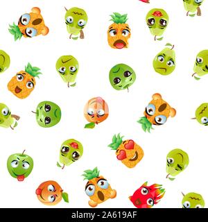 Cute seamless pattern with cartoon emoji fruits Stock Vector