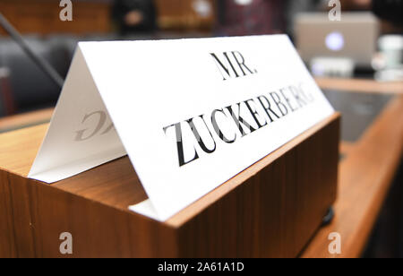 Washington Dc, United States. 23rd Oct, 2019. A name tag is set on the table before Facebook CEO Mark Zuckerberg arrives to testify before a Congressional hearing on 'An Examination of Facebook and Its Impact on the Financial Services and Housing Sectors' on Capitol Hill in Washington, DC on Wednesday, October 23, 2019. Photo by Pat Benic/UPI Credit: UPI/Alamy Live News Stock Photo