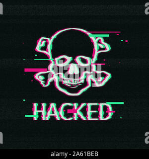 Skull and bones illustration in glitch style on dark background Stock Photo