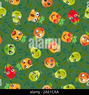 Seamless pattern exotic fruits pitahaya, pear, pineapple, apricot, apple, fruit cherry red Funny cute faces character Stock Vector