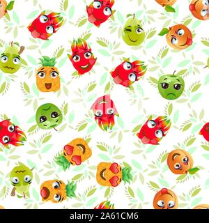 Seamless pattern exotic fruits pitahaya, pear, pineapple, apricot, apple, fruit cherry red Funny cute faces character Stock Vector
