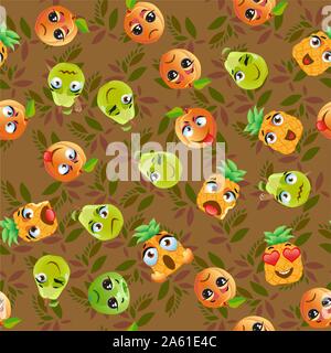 Seamless pattern exotic fruits pitahaya, pear, pineapple, apricot, apple, fruit cherry red Funny cute faces character Stock Vector