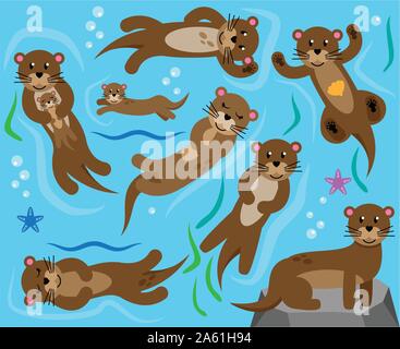 Cute Vector Collection of Otters in Water Stock Vector