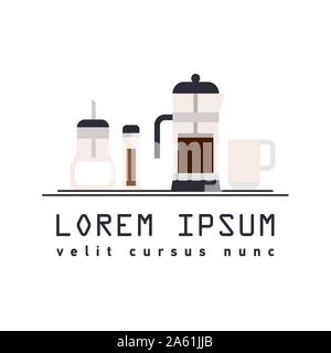 Vector illustration flat icon of French press coffee maker, cup, sugar-bowl and spice jars isolated on white background with typography template Stock Vector