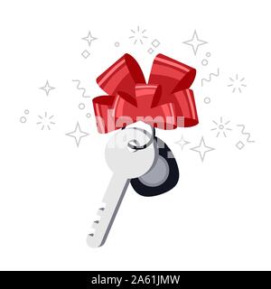 Vector flat illustration of car key wrapped with red ribbon. Present key Stock Vector
