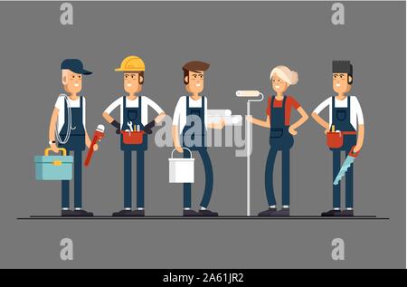 Construction team characters such as painter, electrician, carpenter, plumber, engineer. Group of construction workers building a house and friendly s Stock Vector