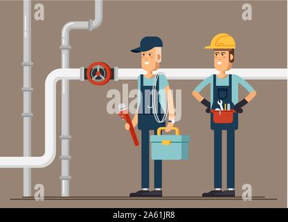 Couple plumber workers, male character standing holding tool box and plumber wrench. Friendly smiling adult plumbing professional person ready for wor Stock Vector