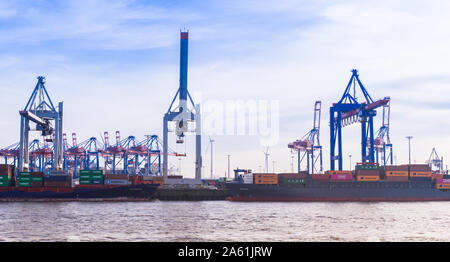 Hamburg, germany - February 2019 Hamburg harbor container terminal with cranes and container ships Stock Photo