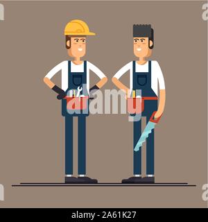 Couple of construction workers vector flat characters. Young man friendly smiling workers in workwear overalls standing isolated and holding building Stock Vector