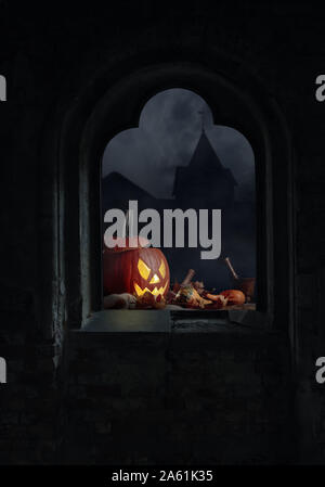 Window in old brick wall.  Conceptual still life on the theme of Halloween. Copy space. Stock Photo