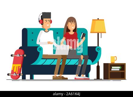 Young adult man and woman working at home vector concept illustration. Freelancer character working from home with laptop sitting in cozy armchair wit Stock Vector