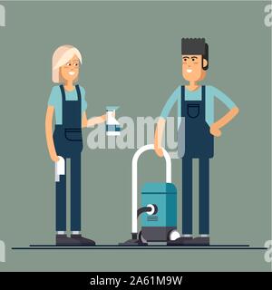 Cleaning company vector concept design. Cleaning staff characters with cleaning equipment in trendy flat design. Friendly smiling janitor workers stan Stock Vector