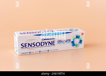 Box of Sensodyne toothpaste for sensitive teeth Stock Photo
