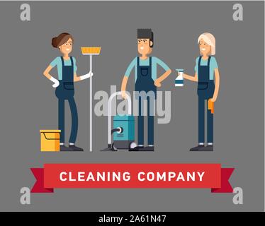 Cleaning company vector concept design. Cleaning staff characters with cleaning equipment in trendy flat design. Friendly smiling janitor workers stan Stock Vector